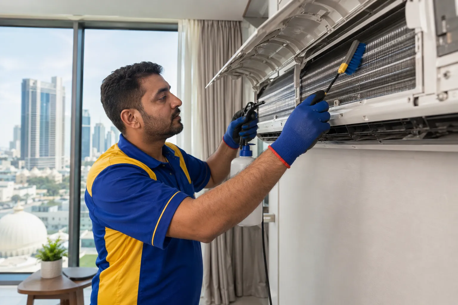 Technician cleaning an indoor AC coil in Sharjah