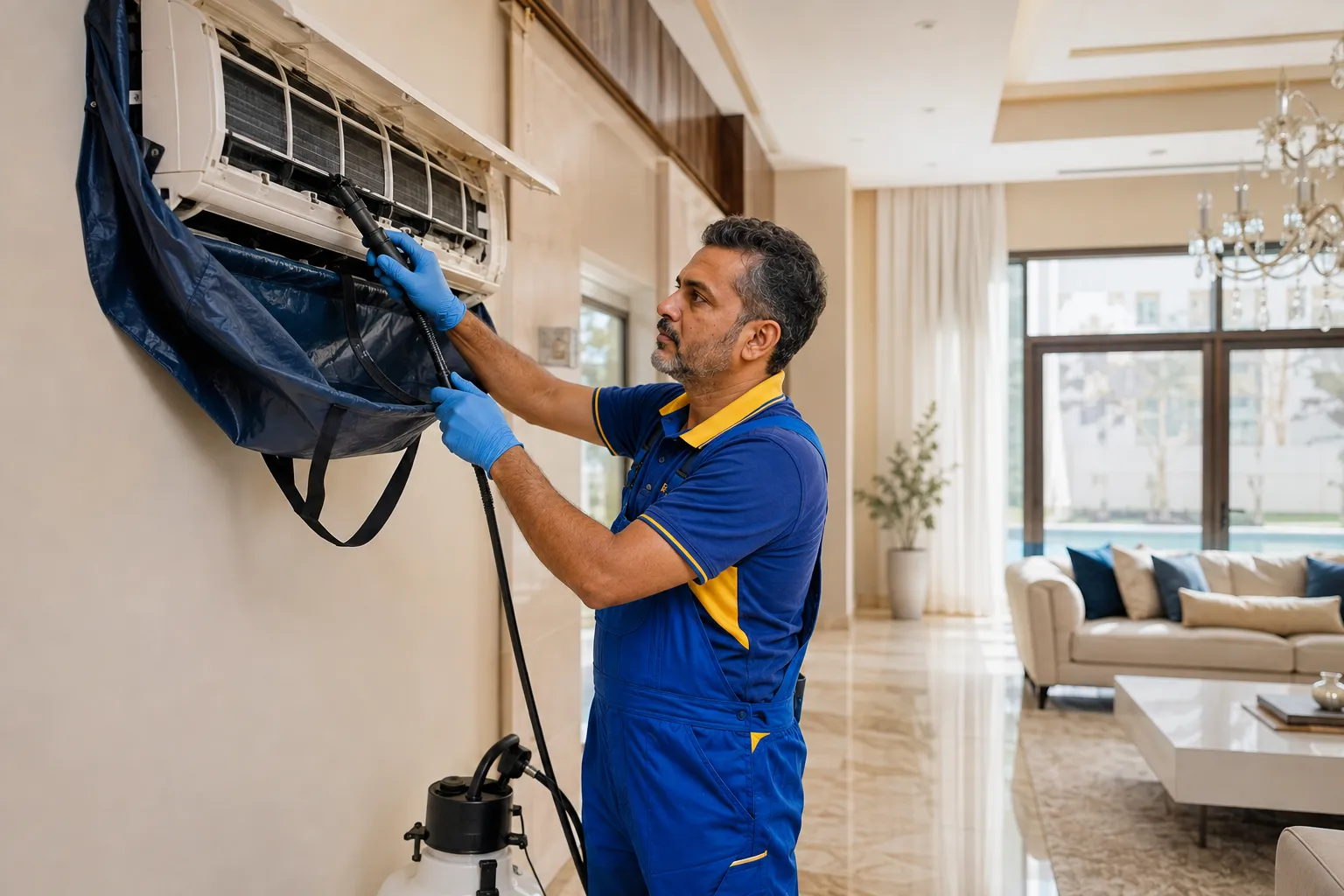 Technician performing deep AC cleaning in a Sharjah villa