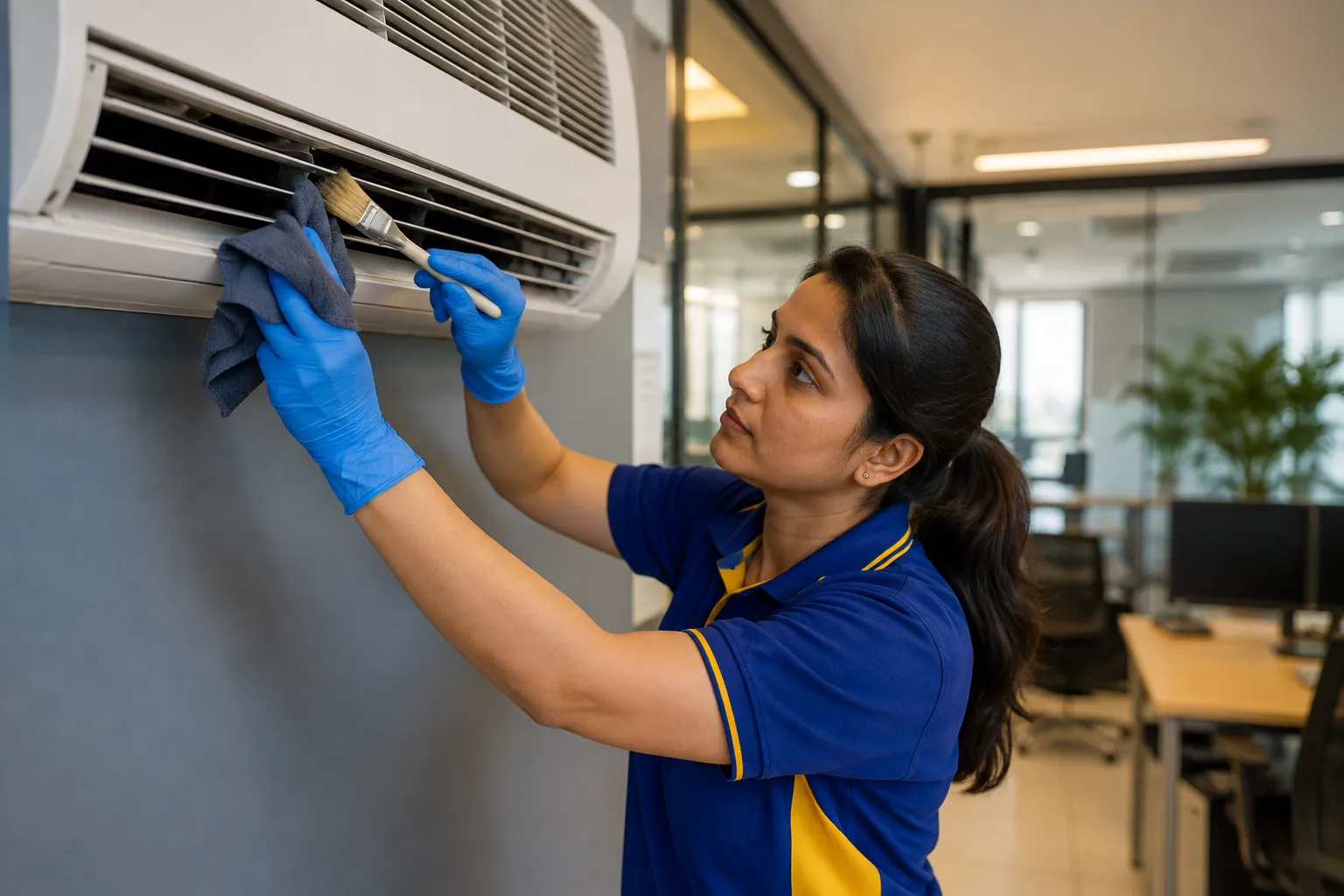 Technician cleaning an AC vent and grille in Sharjah