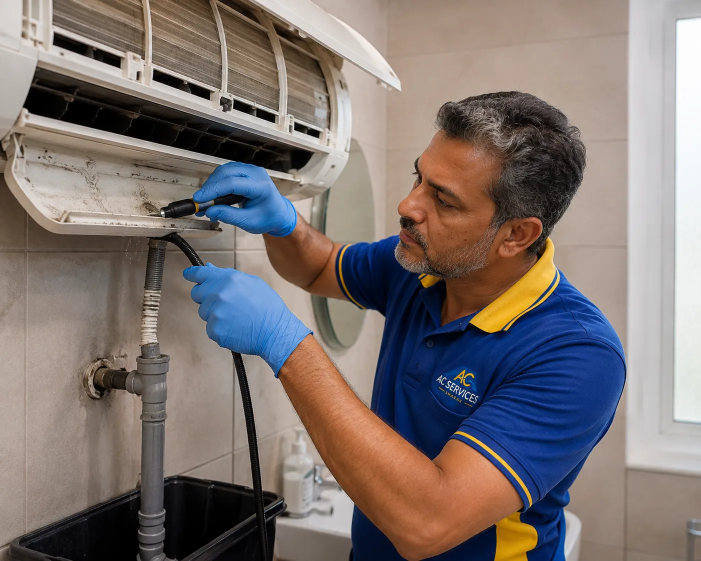 Technician cleaning an AC drain tray in Sharjah