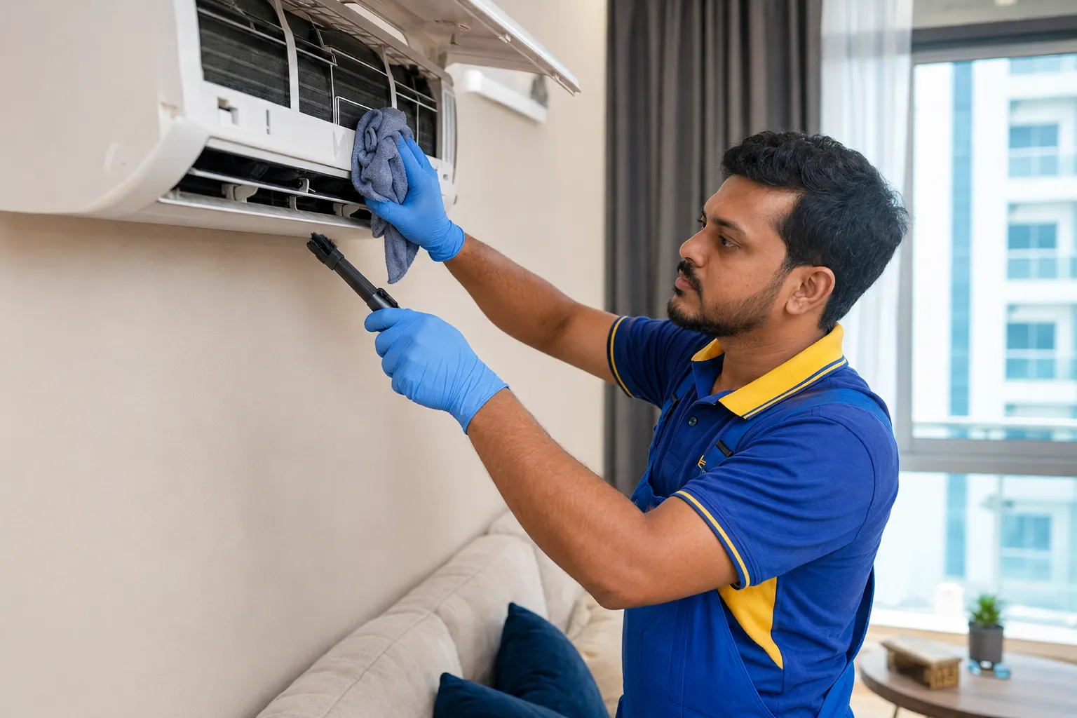 Technician performing regular AC cleaning in a Sharjah apartment