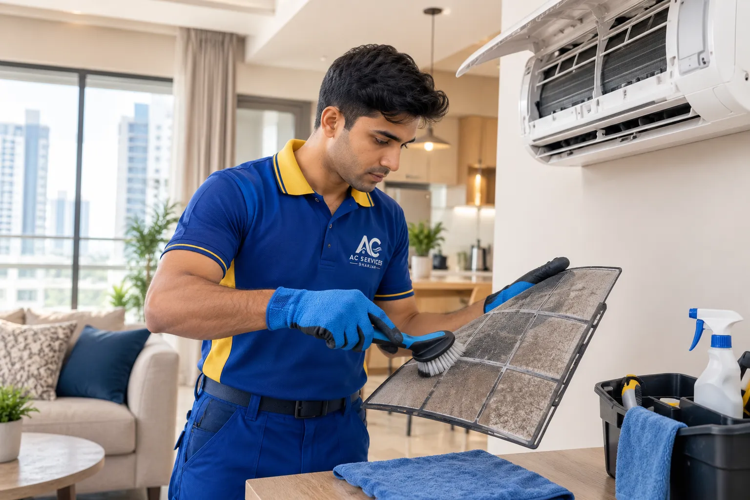 Technician cleaning an AC filter in a Sharjah apartment