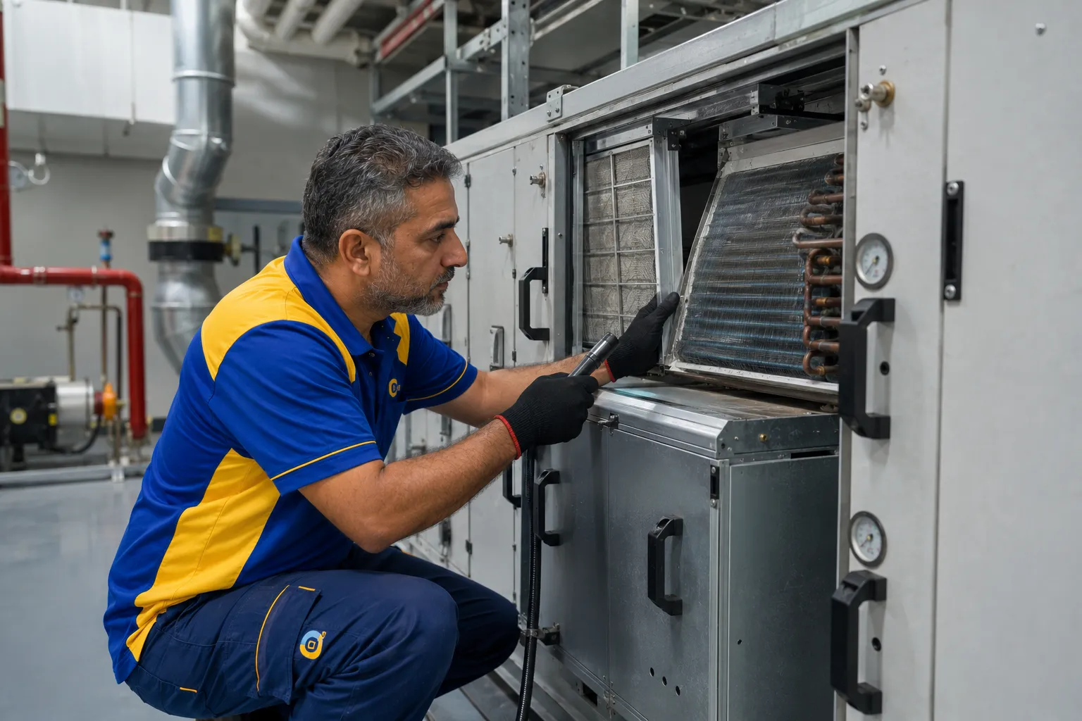 Technician cleaning central AC components in Sharjah