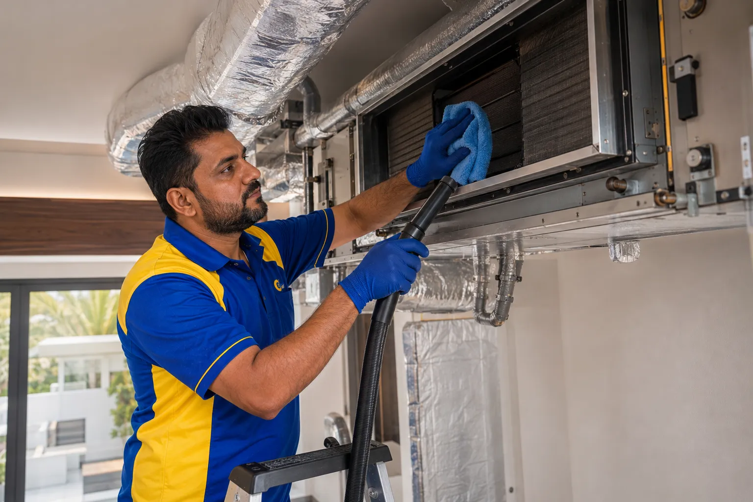Technician cleaning a ducted AC indoor unit in Sharjah