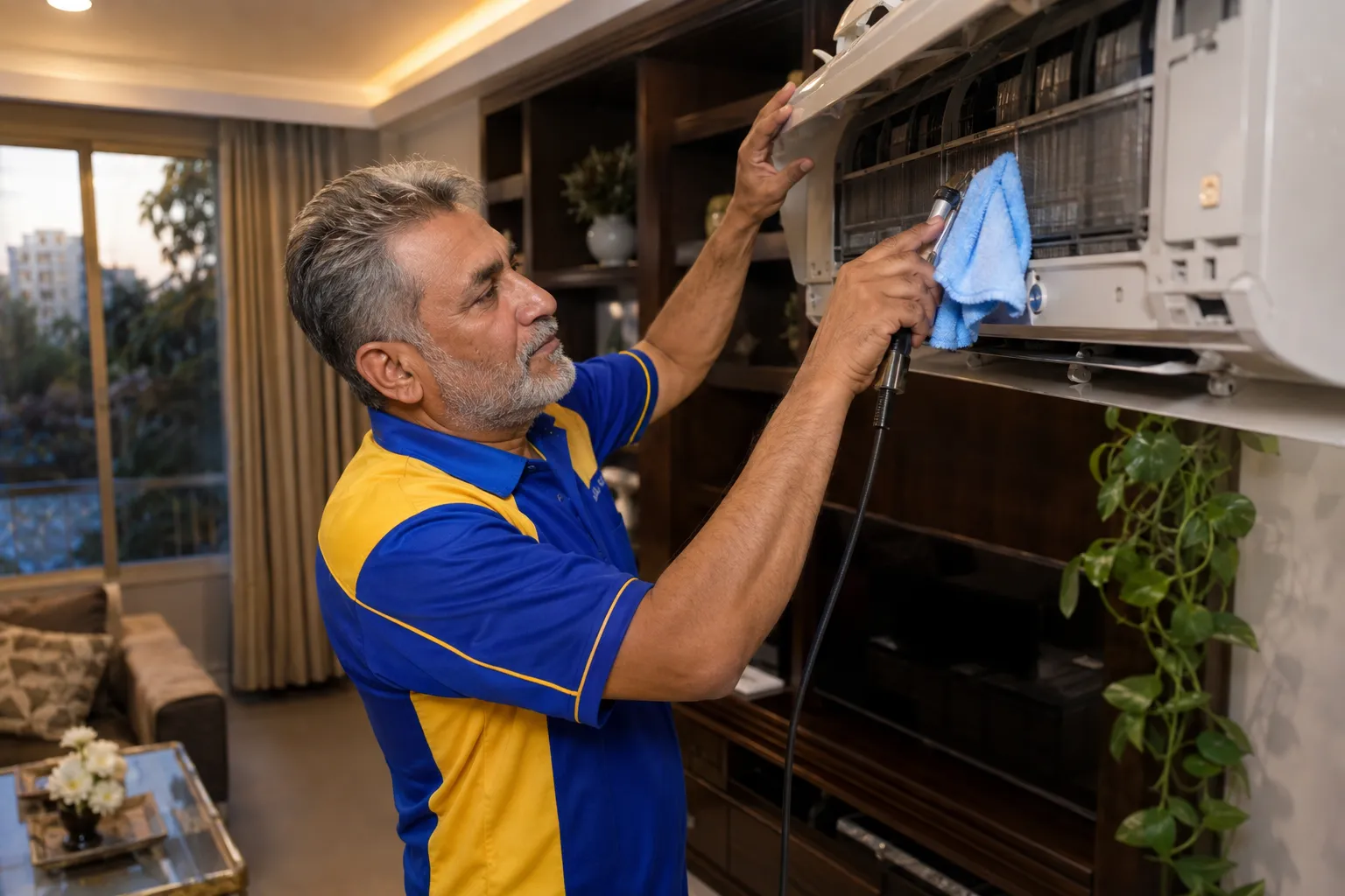 Technician cleaning an indoor split AC unit in Sharjah