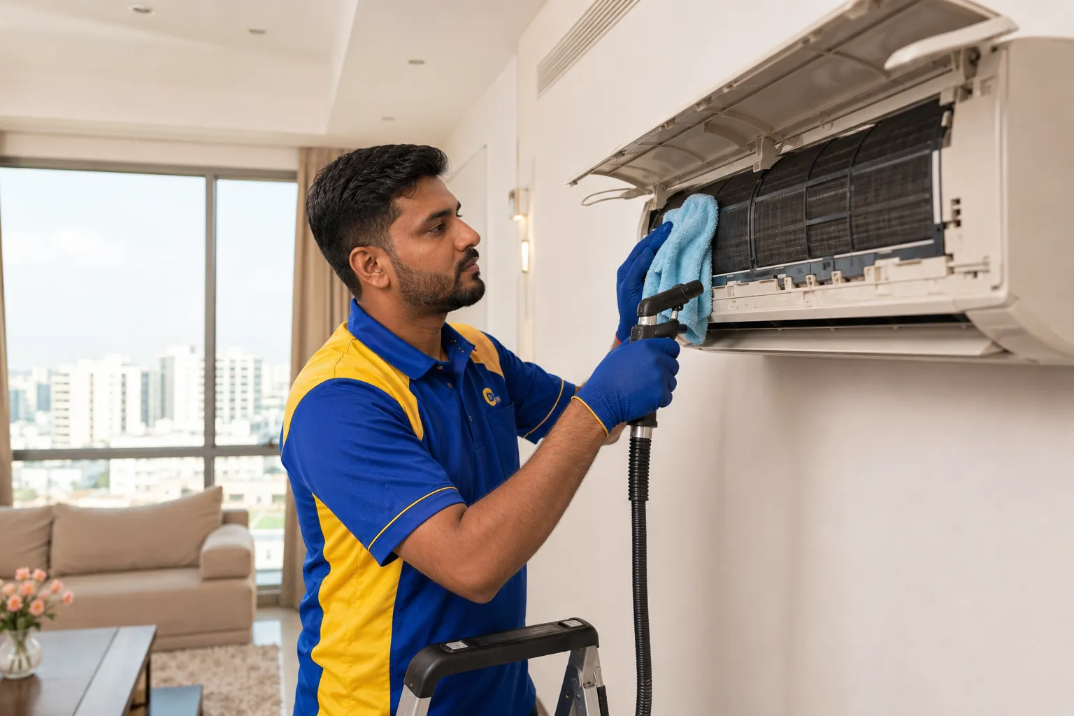 Technician cleaning a split AC indoor unit in Sharjah
